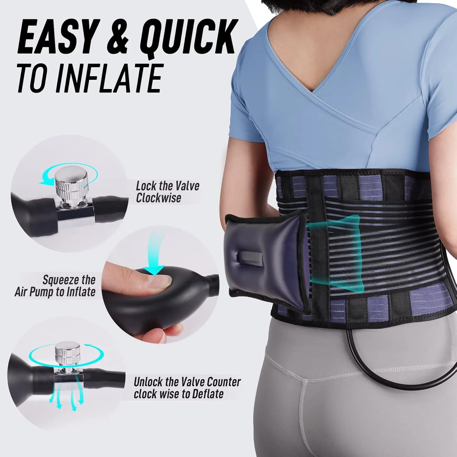 FEATOL Back Brace with Inflatable Pad for Men Women Lower Back Pain Relief, Heavy Lifting,Scoliosis and Herniated Disc Breathable Back Support Belt XXL fits 37.4"-46"