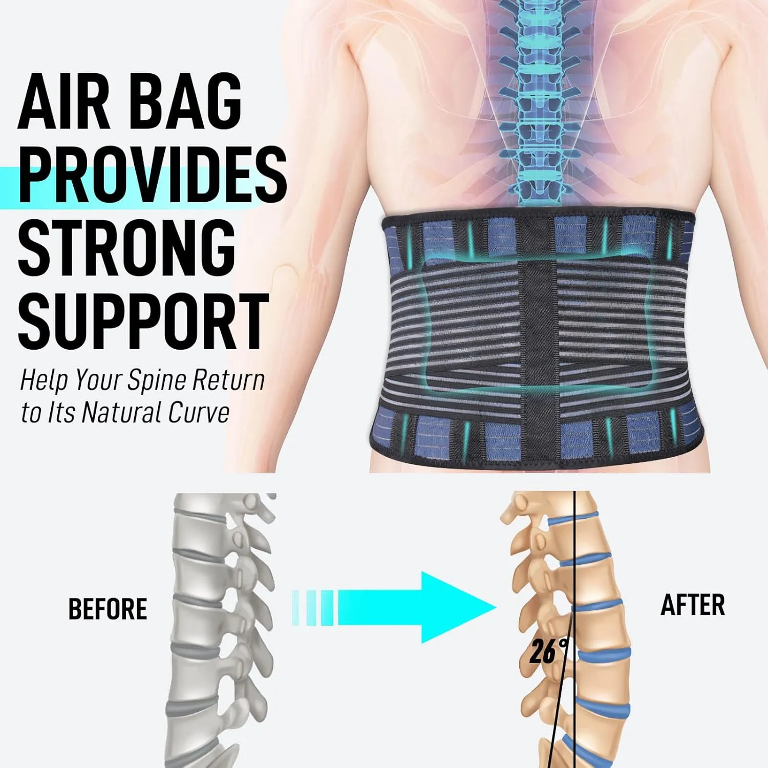 FEATOL Back Brace with Inflatable Pad for Men Women Lower Back Pain Relief, Heavy Lifting,Scoliosis and Herniated Disc Breathable Back Support Belt XXL fits 37.4"-46"