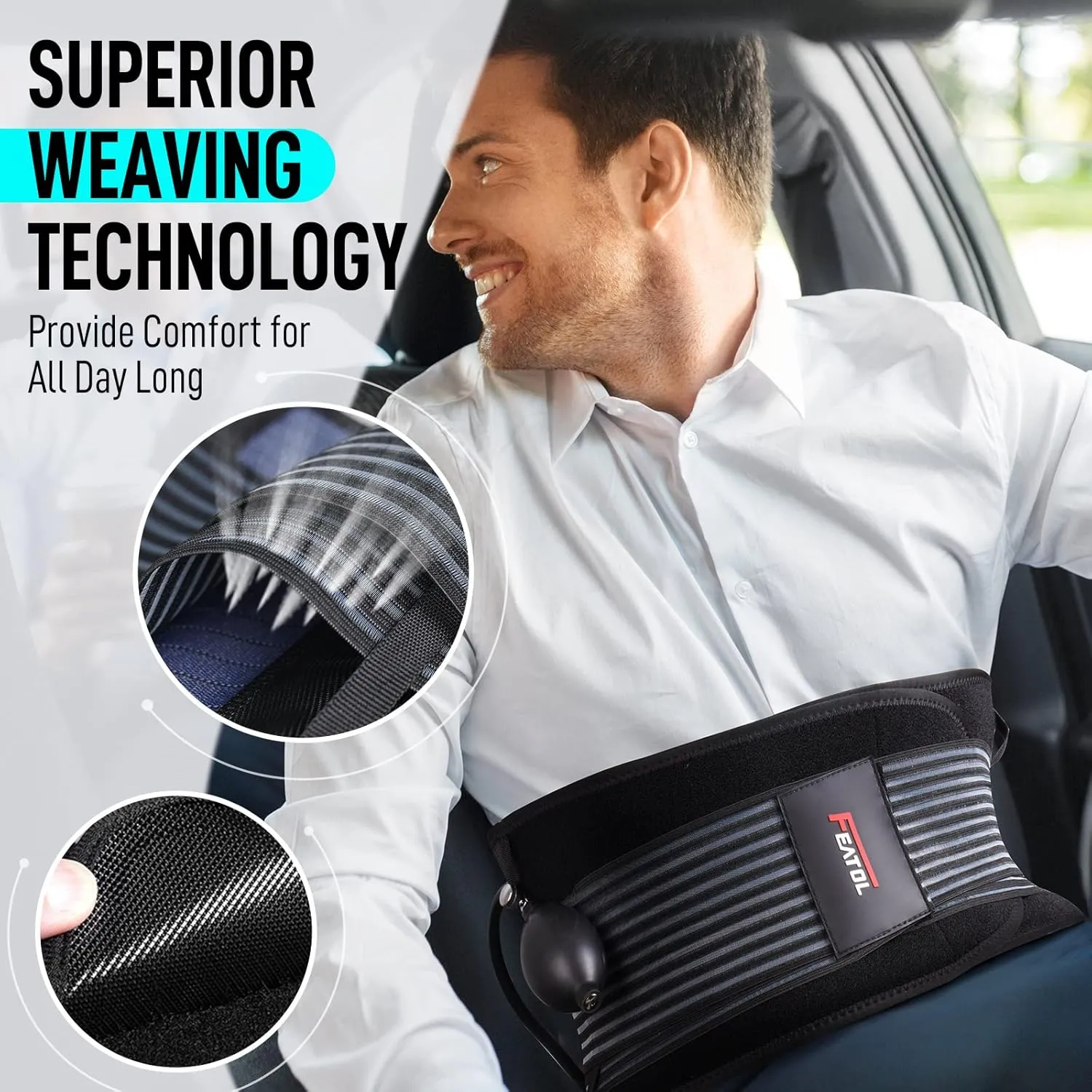 FEATOL Back Brace with Inflatable Pad for Men Women Lower Back Pain Relief, Heavy Lifting,Scoliosis and Herniated Disc Breathable Back Support Belt XXL fits 37.4"-46"