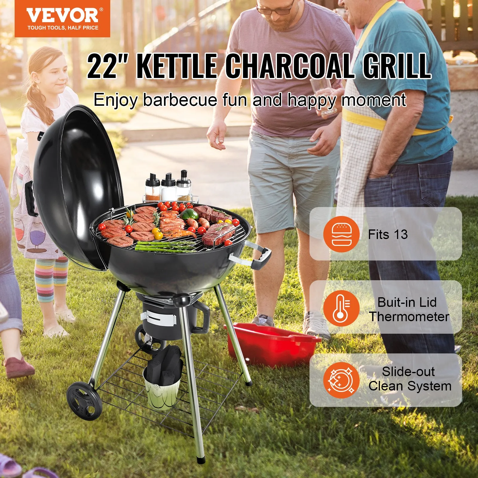 (FINAL PRICES ARE LOWER ON OUR SITE!) VEVOR 22" Kettle Charcoal Grill, Premium Kettle Grill with Wheels Grate and Cover, Porcelain-Enameled Lid and Firebowl with Slide Out Ash Catcher Thermometer for BBQ, Camping, Picnic, Patio and Backyard