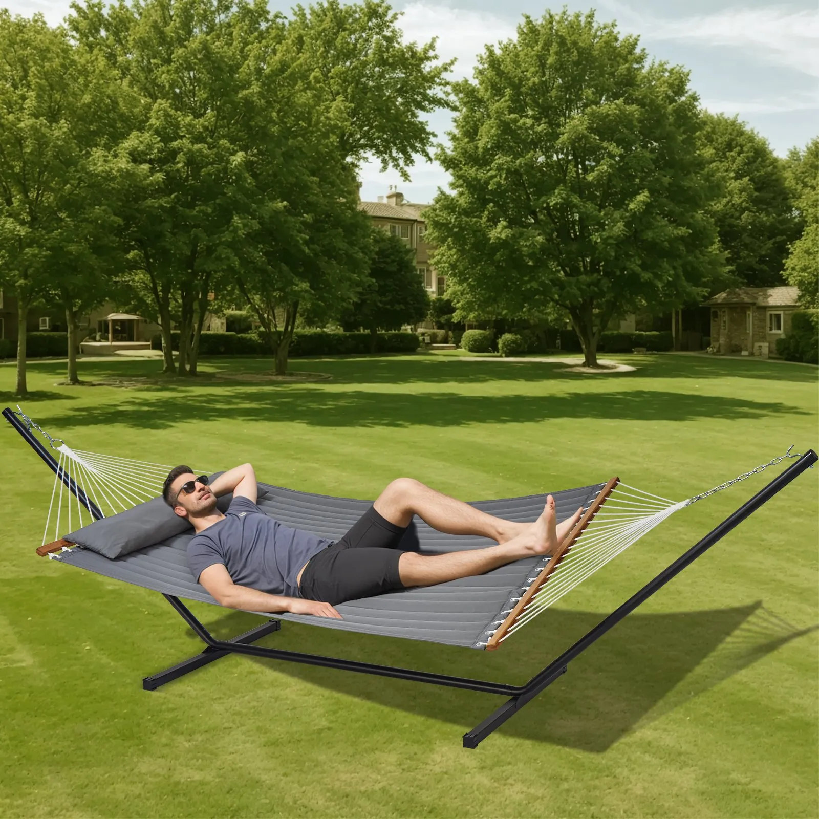 (FINAL PRICES ARE LOWER ON OUR SITE!) VEVOR Two Person Hammock with Stand Included Heavy Duty 480lb Capacity, Double Hammock with 12 FT Steel Stand and Portable Carrying Bag and Pillow, Freestanding Hammock for Outdoor Patio Yard Beach