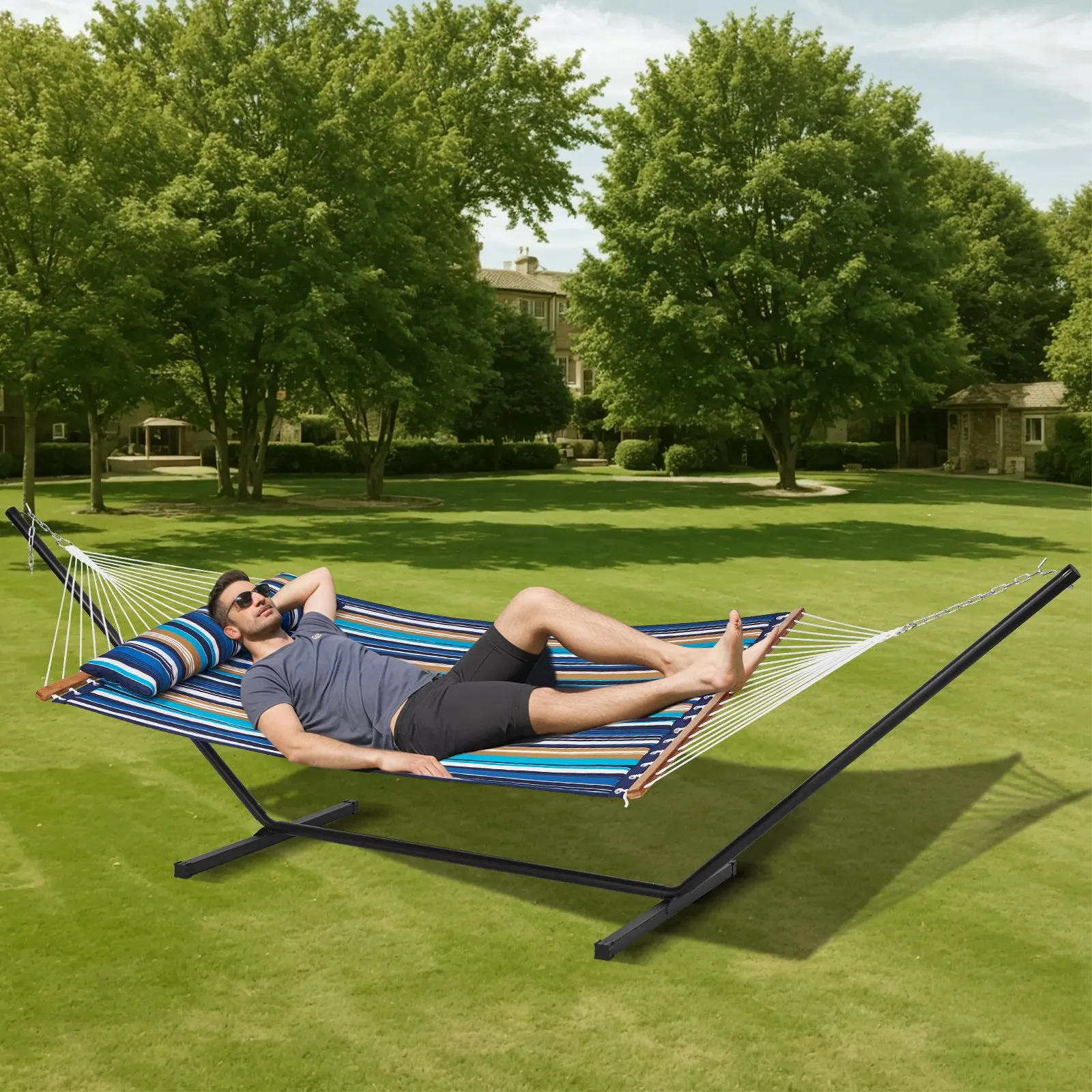 (FINAL PRICES ARE LOWER ON OUR SITE!) VEVOR Two Person Hammock with Stand Included Heavy Duty 480lb Capacity, Double Hammock with 12 FT Steel Stand and Portable Carrying Bag and Pillow, Freestanding Hammock for Outdoor Patio Yard Beach