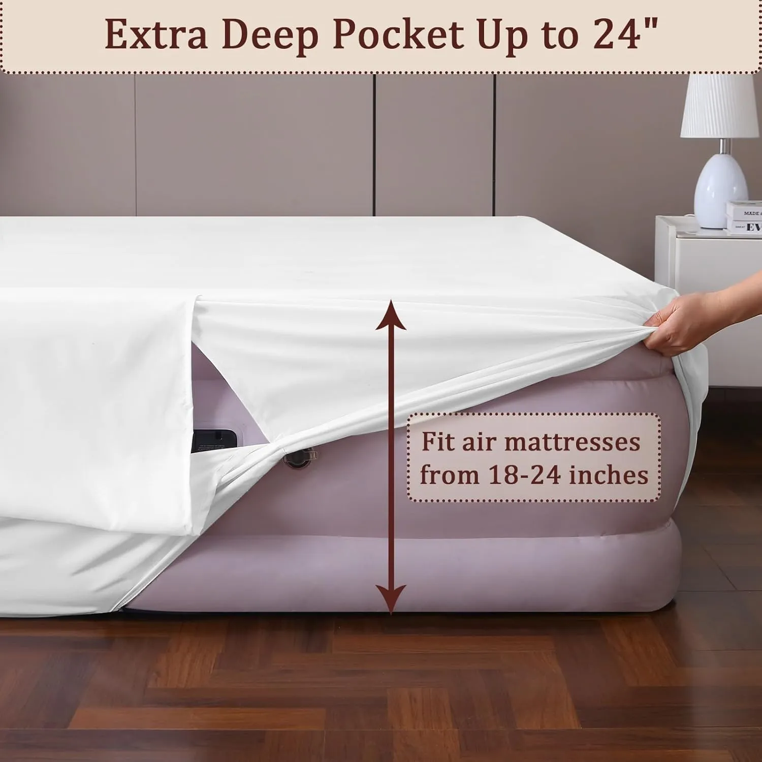 Fitted Sheet for Queen Air Mattress, with 18-24 Inch Extra Deep Pocket, Soft Breathable Bed Sheet Bottom Mattress Cover for Inflatable Air Bed, White