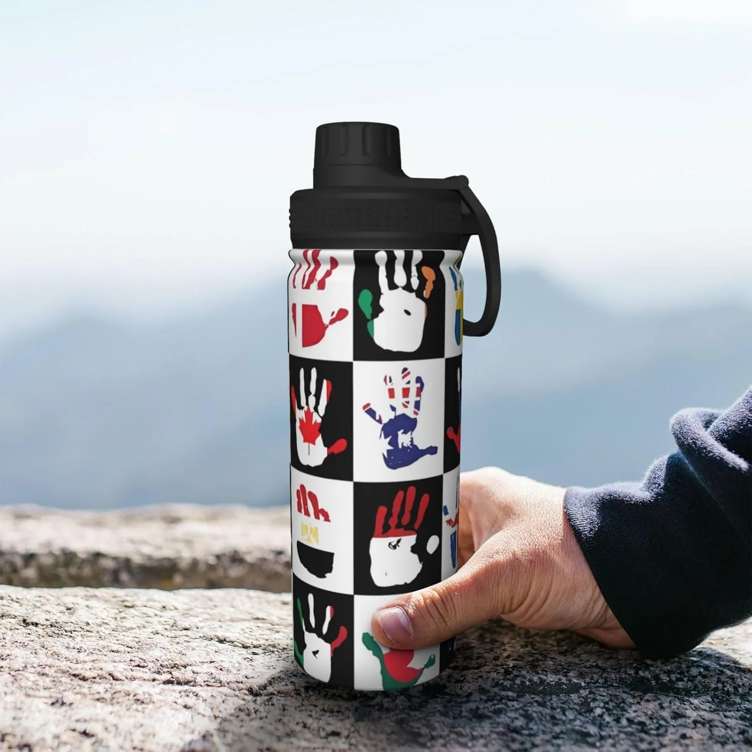 Flags in Hands Sports Water Bottle 18 Oz Stainless Steel Sports Insulated Kettle for Travel Outdoor Gym