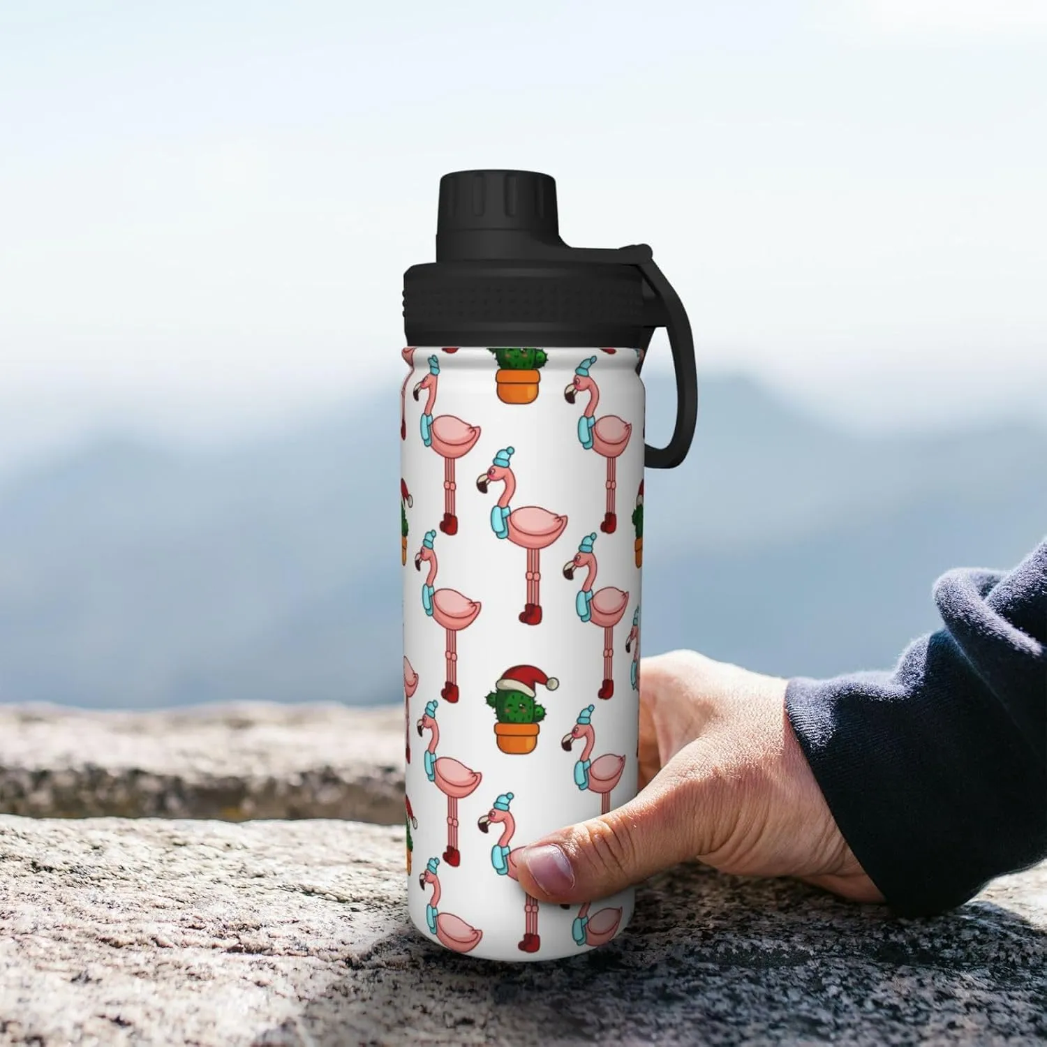 Flamingo and Cactus Sports Water Bottle 18 Oz Stainless Steel Sports Insulated Kettle for Travel Outdoor Gym
