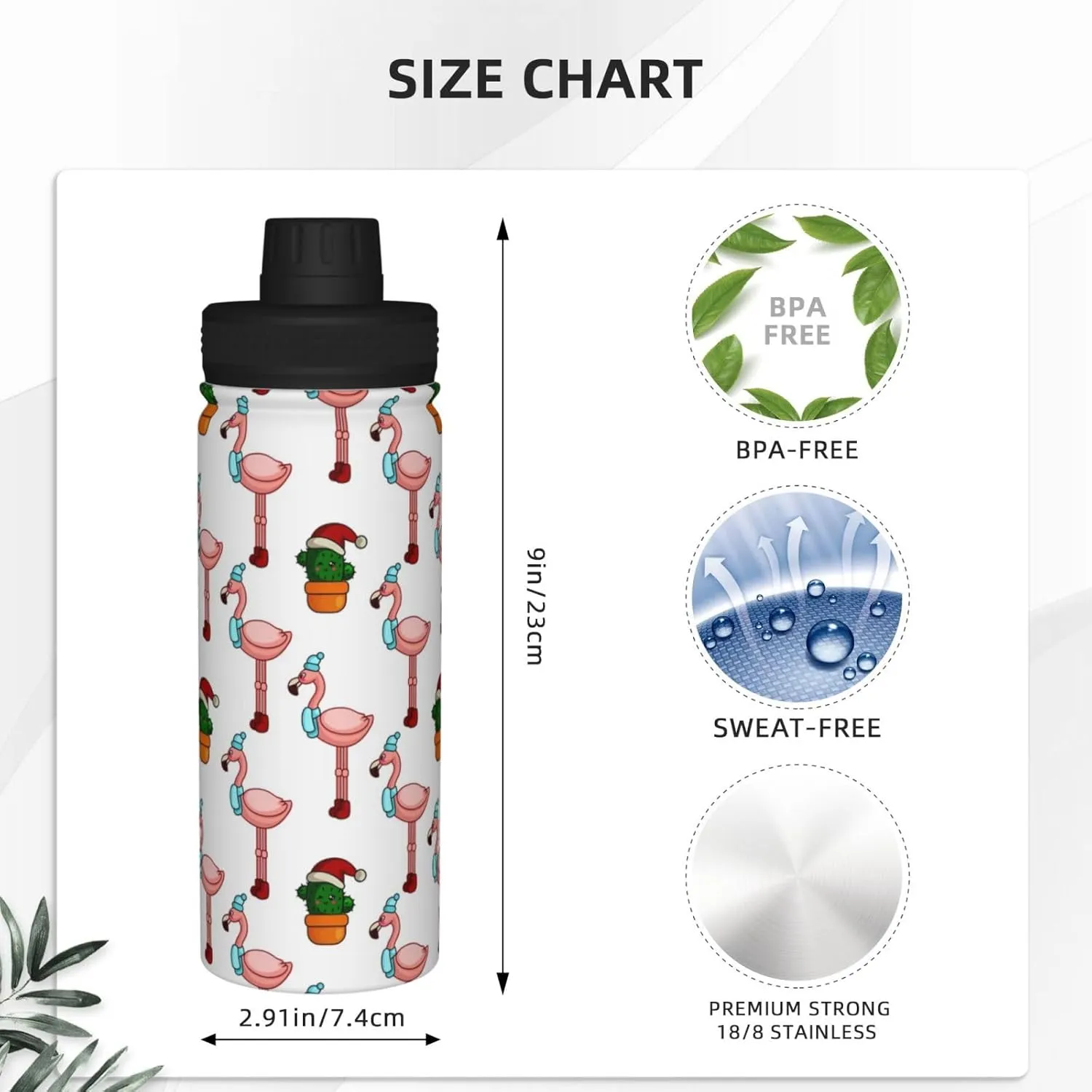 Flamingo and Cactus Sports Water Bottle 18 Oz Stainless Steel Sports Insulated Kettle for Travel Outdoor Gym