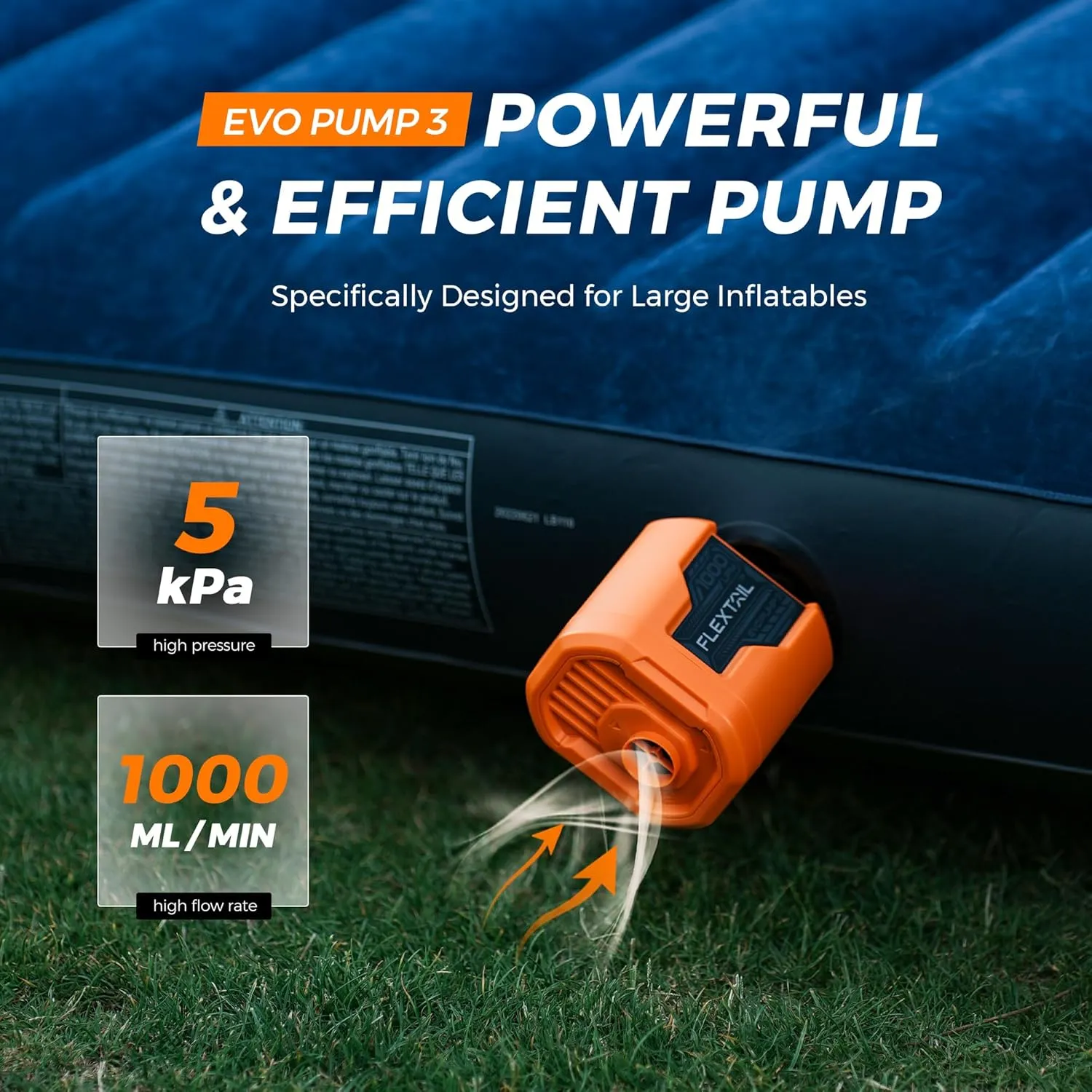 FLEXTAILGEAR 5KPa Air Mattress Pump,1000L/min Ultra Large Air Flow Air Pump for Inflatables, Rechargeable Inflatable Bed Pumps -Electric Air Pump for Kayaking Air Beds Sleeping Pads Pool Floats