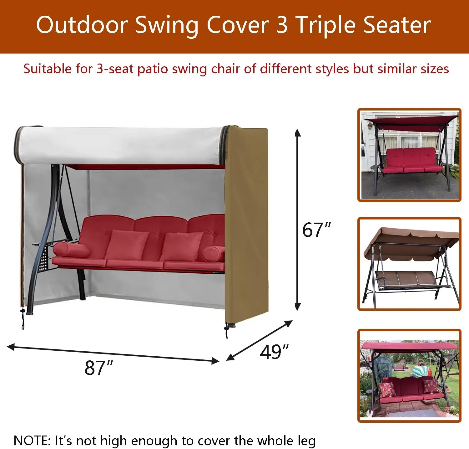 FLYMEI Outdoor Swing Cover 3 Seater Hammock Cover for Porch Swing Canopy Glider Chair and Other Patio Furniture, Waterproof Windproof All Weather Protection, 87'' (L) x 49''(W) x 67''(H)