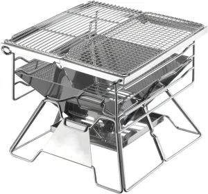 Foldable Campfire Grill Stainless Steel, BBQ Rack Portable Wood Charcoal Burner, Outdoor Camping Barbecue Stove with Carrying Bag