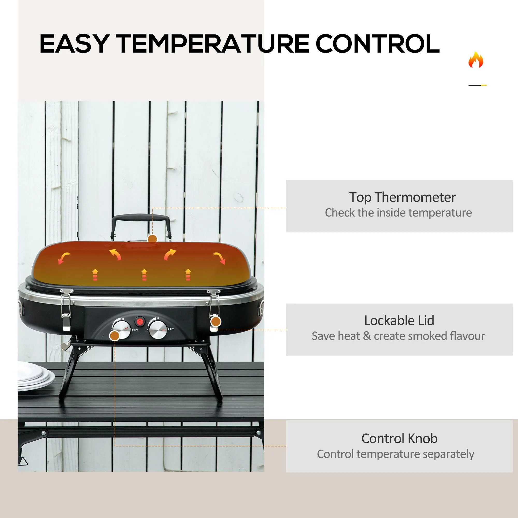 Foldable Gas BBQ Grill 2 Burner Table Top Barbecue with Lid Piezo Ignition Thermometer for Camping Picnic Cooking