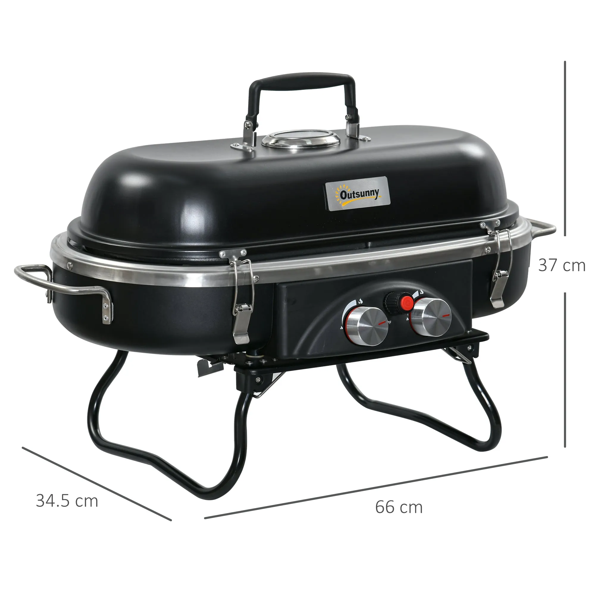 Foldable Gas BBQ Grill 2 Burner Table Top Barbecue with Lid Piezo Ignition Thermometer for Camping Picnic Cooking