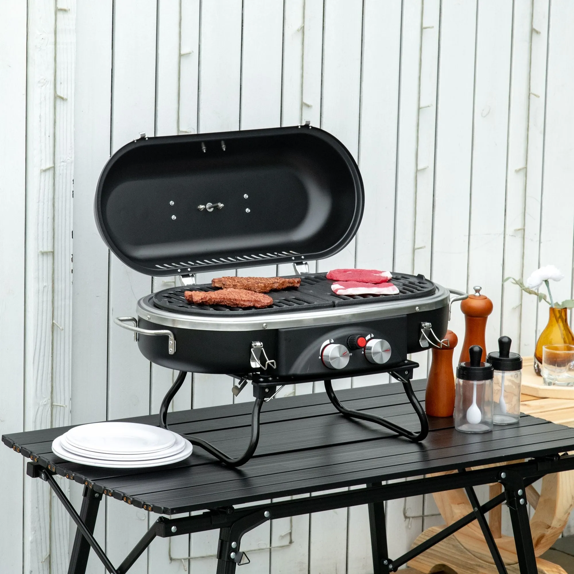 Foldable Gas BBQ Grill 2 Burner Table Top Barbecue with Lid Piezo Ignition Thermometer for Camping Picnic Cooking