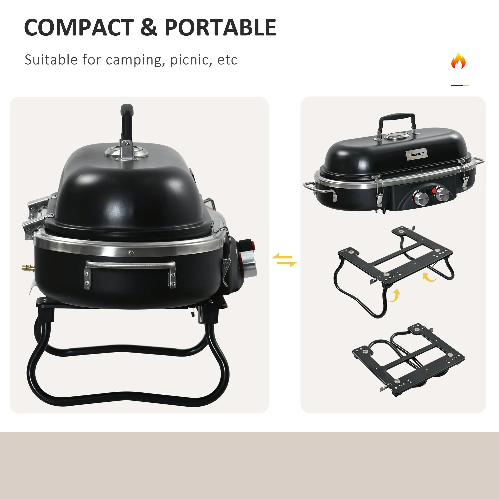 Foldable Gas BBQ Grill 2 Burner Table Top Barbecue with Lid Piezo Ignition Thermometer for Camping Picnic Cooking