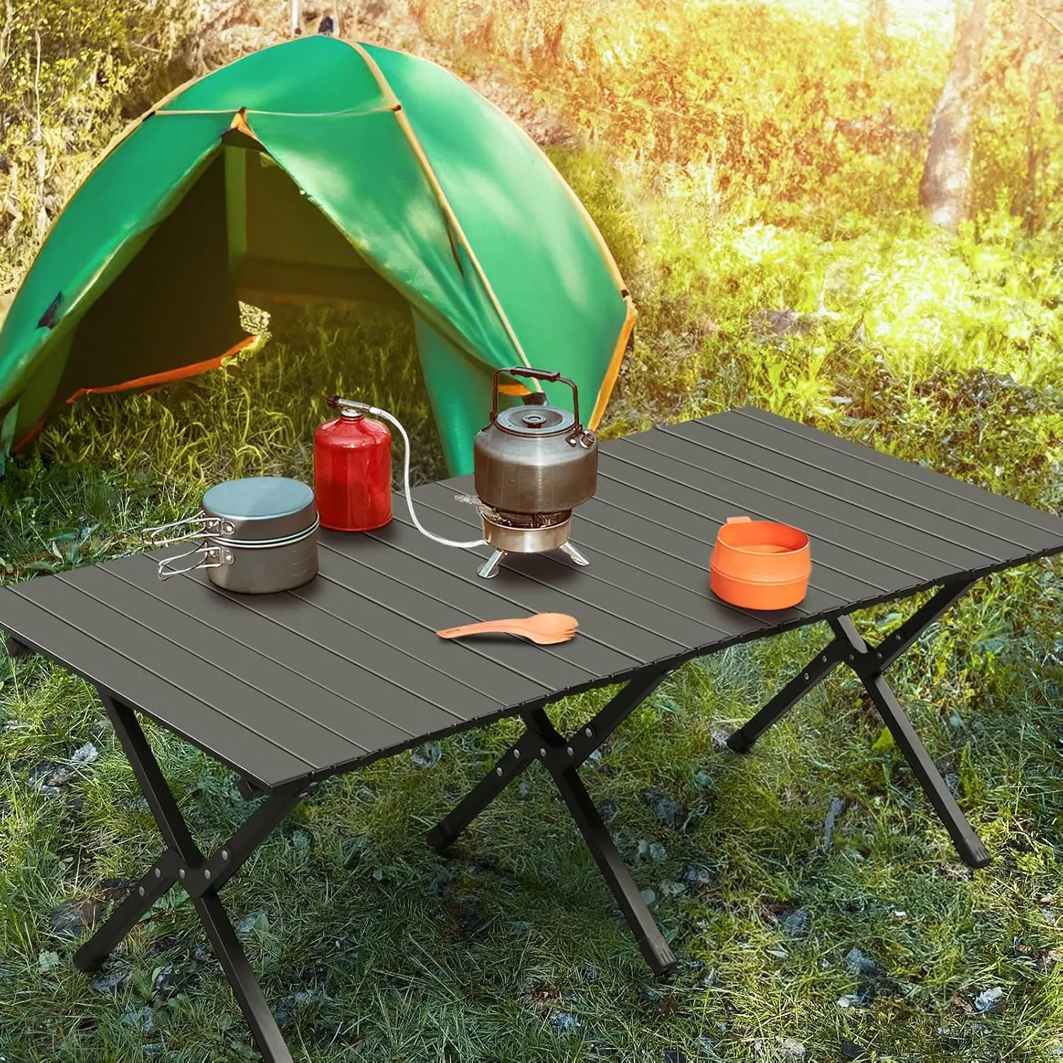Folding Camping Table, Roll Up Beach Tables for Sand Foldable for 2-6 Persons, Small Card Desk Lightweight with Carry Bag, Portable Picnic Desks for Outdoors, BBQ, Easy to Set Up ,46 x 24 x 16.5 inch