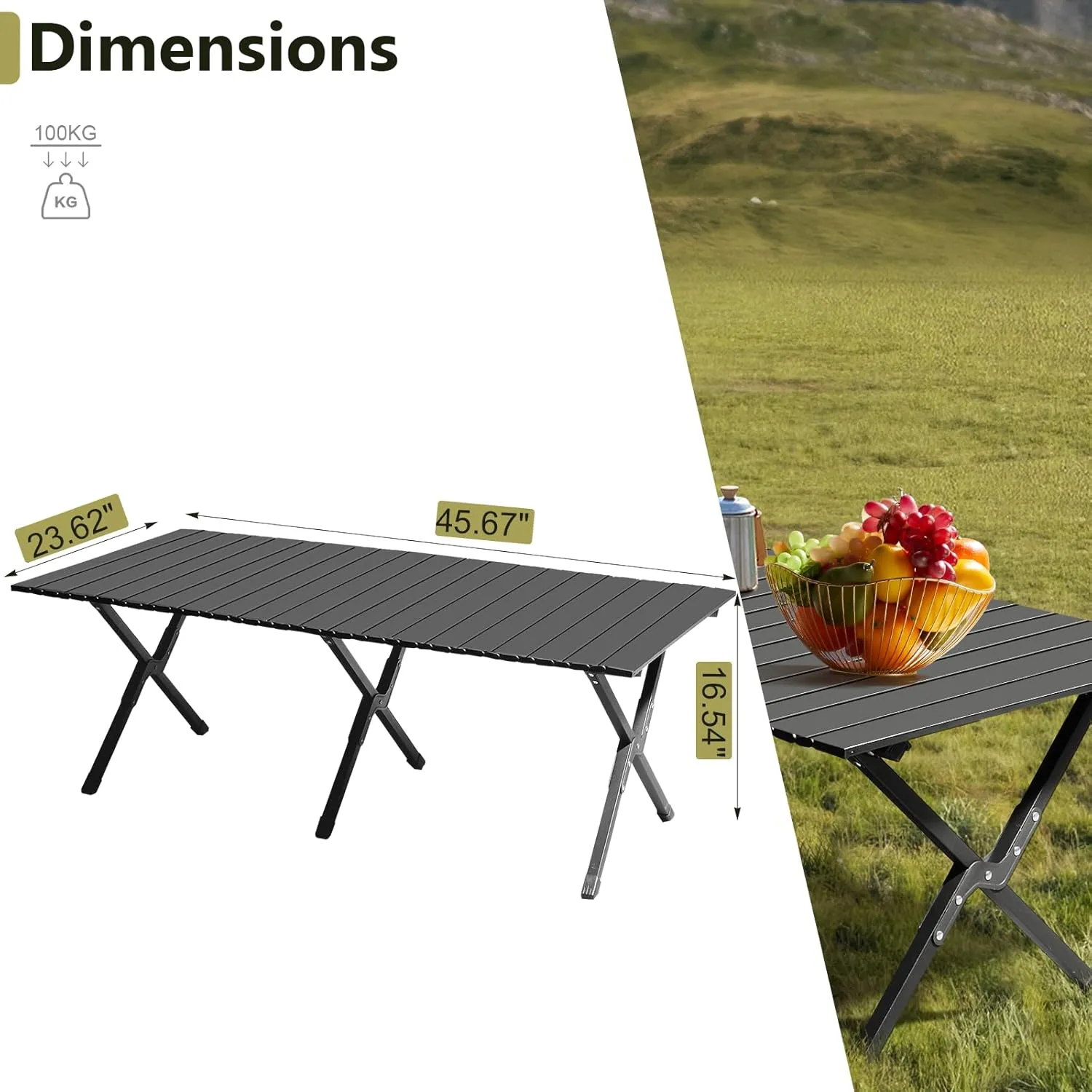 Folding Camping Table, Roll Up Beach Tables for Sand Foldable for 2-6 Persons, Small Card Desk Lightweight with Carry Bag, Portable Picnic Desks for Outdoors, BBQ, Easy to Set Up ,46 x 24 x 16.5 inch
