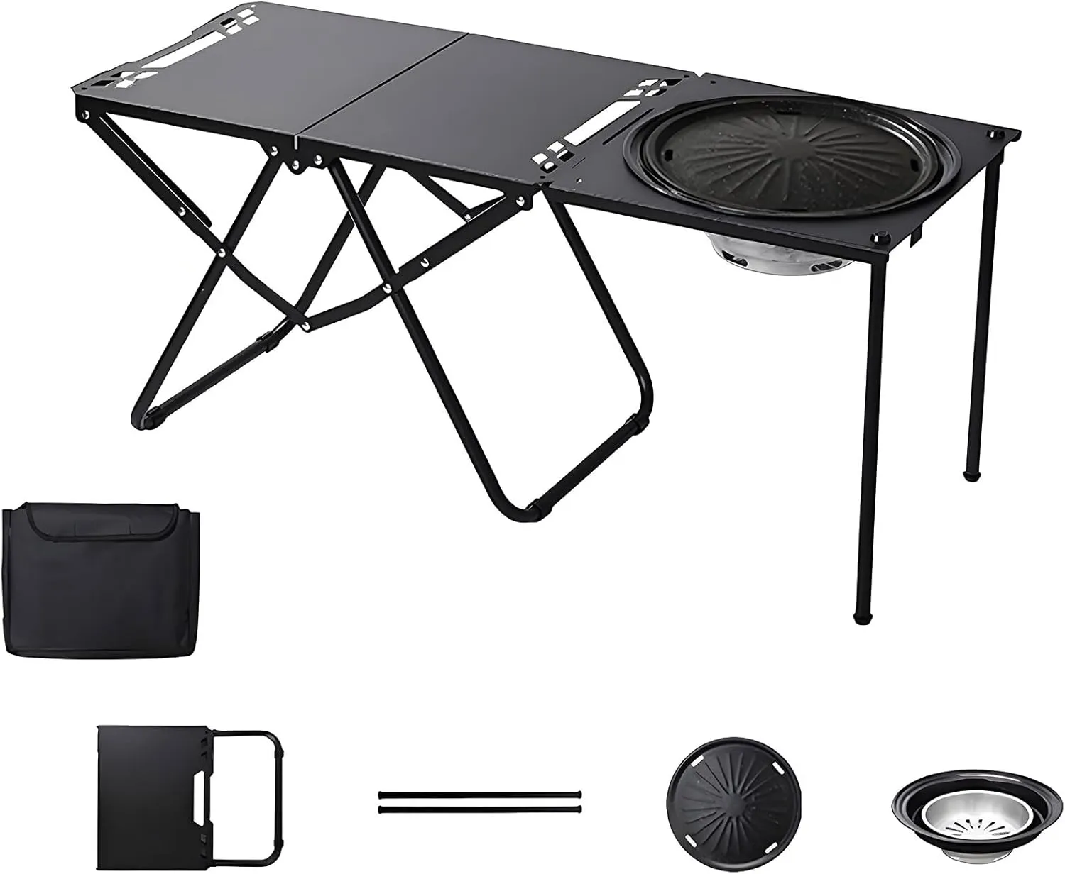 Folding Picnic Table, Carbon Steel Grill Table for Outdoors Wiht Bracket   Baking Tray   Charcoal Stove   Storage Bag, Versatile Portable Grill Tables for Outside BBQ and Camping, Black