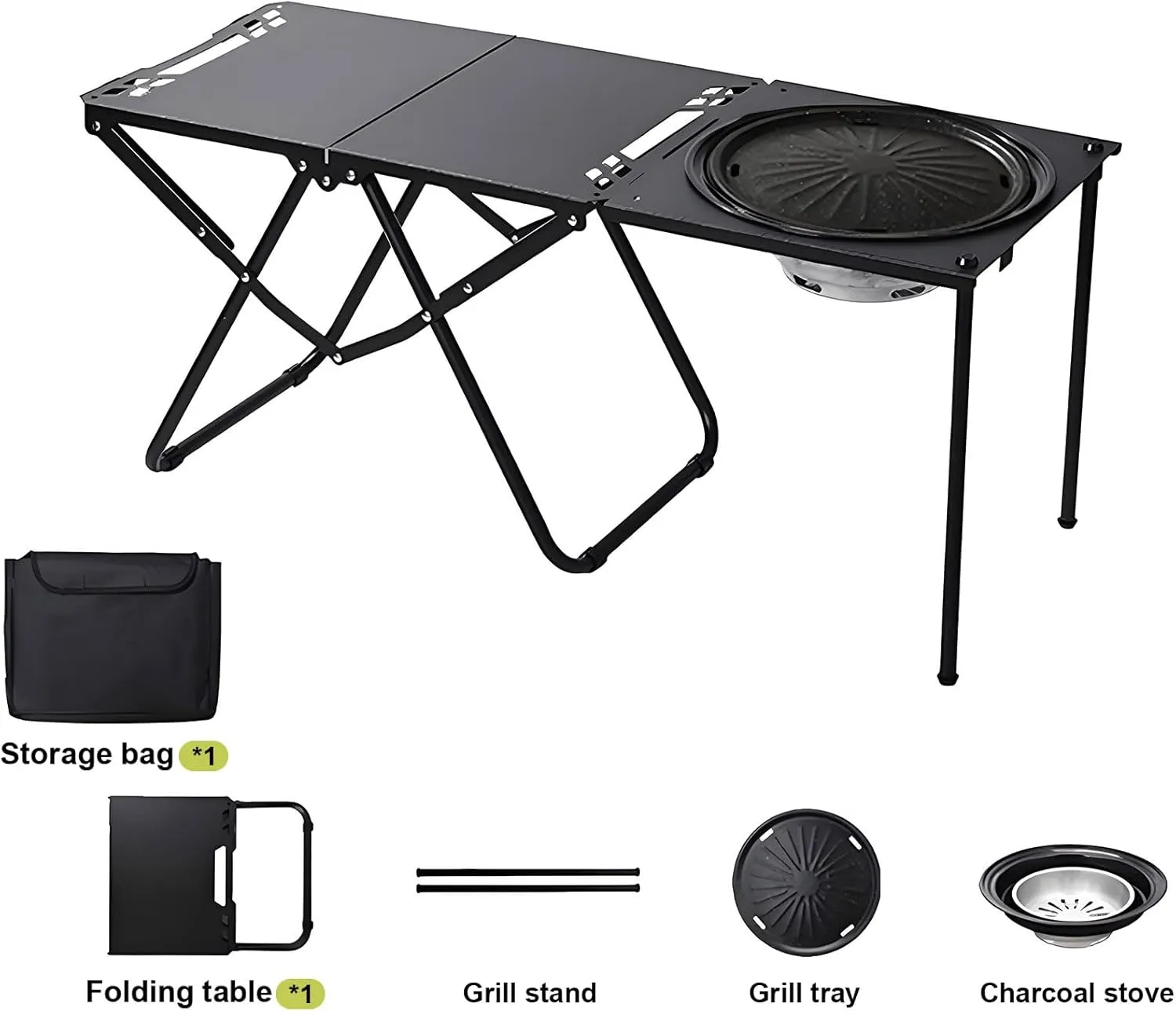 Folding Picnic Table, Carbon Steel Grill Table for Outdoors Wiht Bracket   Baking Tray   Charcoal Stove   Storage Bag, Versatile Portable Grill Tables for Outside BBQ and Camping, Black