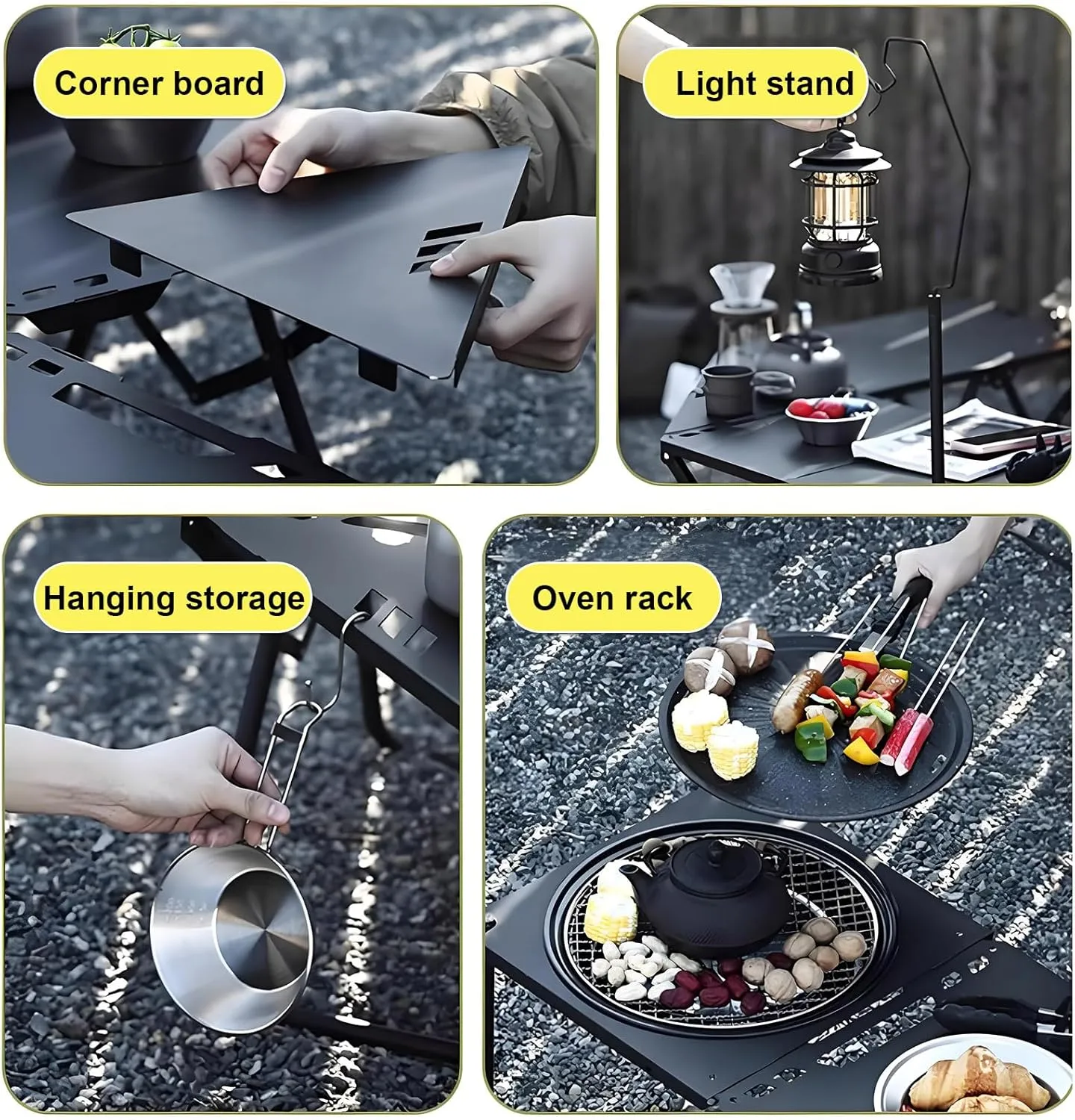 Folding Picnic Table, Carbon Steel Grill Table for Outdoors Wiht Bracket   Baking Tray   Charcoal Stove   Storage Bag, Versatile Portable Grill Tables for Outside BBQ and Camping, Black