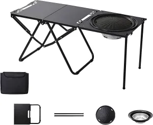 Folding Picnic Table, Carbon Steel Grill Table for Outdoors Wiht Bracket   Baking Tray   Charcoal Stove   Storage Bag, Versatile Portable Grill Tables for Outside BBQ and Camping, Black