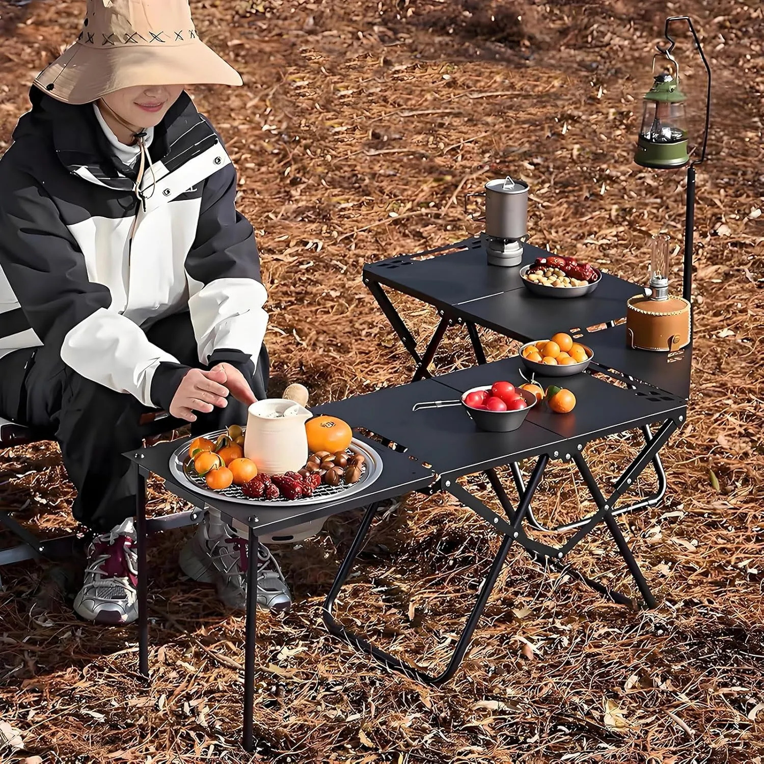 Folding Picnic Table, Carbon Steel Grill Table for Outdoors Wiht Bracket   Baking Tray   Charcoal Stove   Storage Bag, Versatile Portable Grill Tables for Outside BBQ and Camping, Black