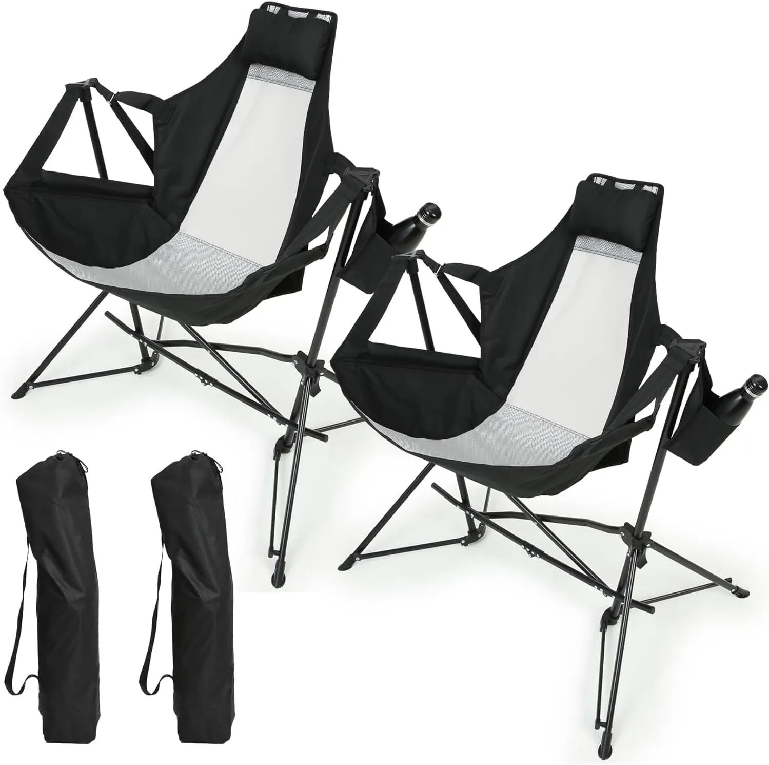 Folding Portable Hammock Camping Chair with Adjustable Back and Cup Holder, Black, 2pcs