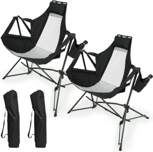 Folding Portable Rocking Hammock Camping Chair with Adjustable Back, Cup Holder & Pillow, Lightweight Design, Black (2pcs)