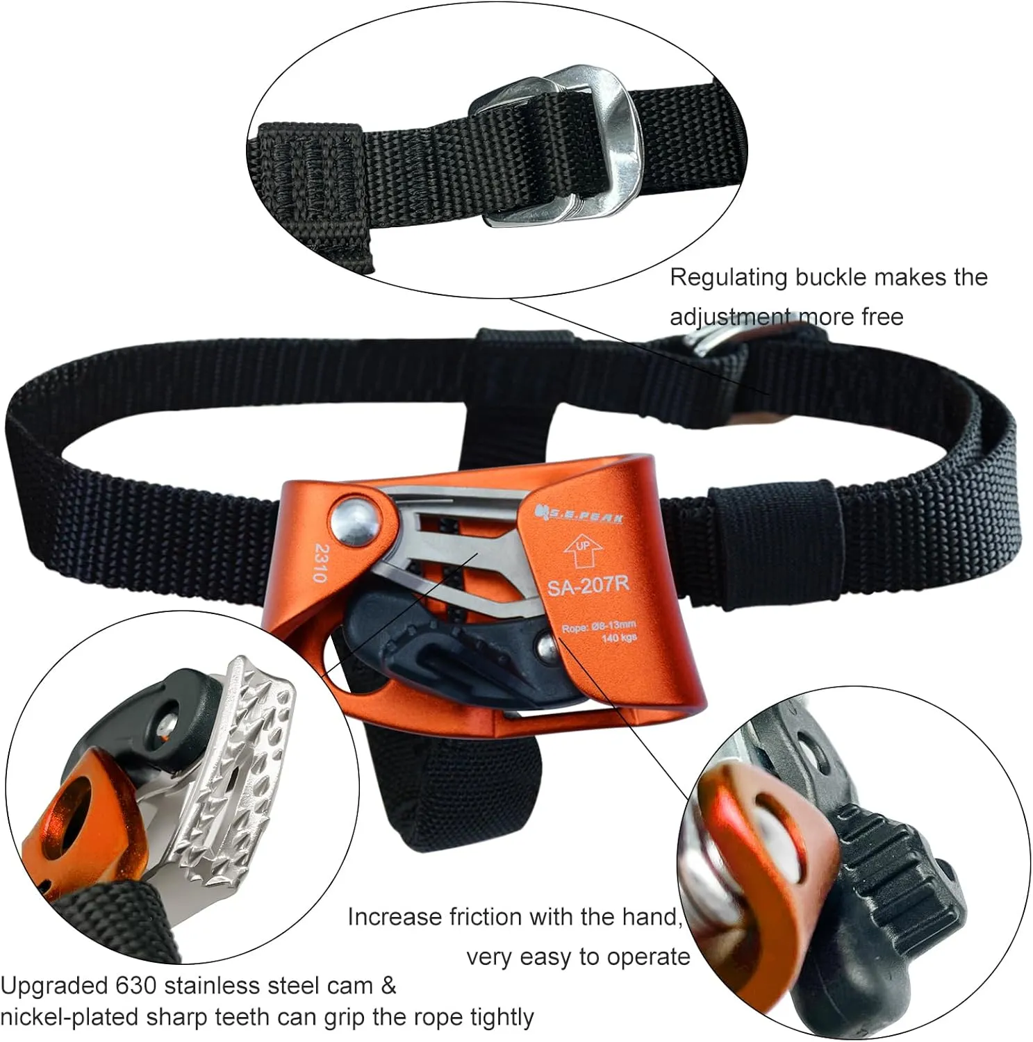 Foot Ascender Upgraded Foot Riser 140kgs Strong Rappelling Gear Equipment for Rock Climbing Tree Arborist, Climbing Rescue Caving, Mountaineering, 8~13MM Rope, Right/Left Foot, 4kN