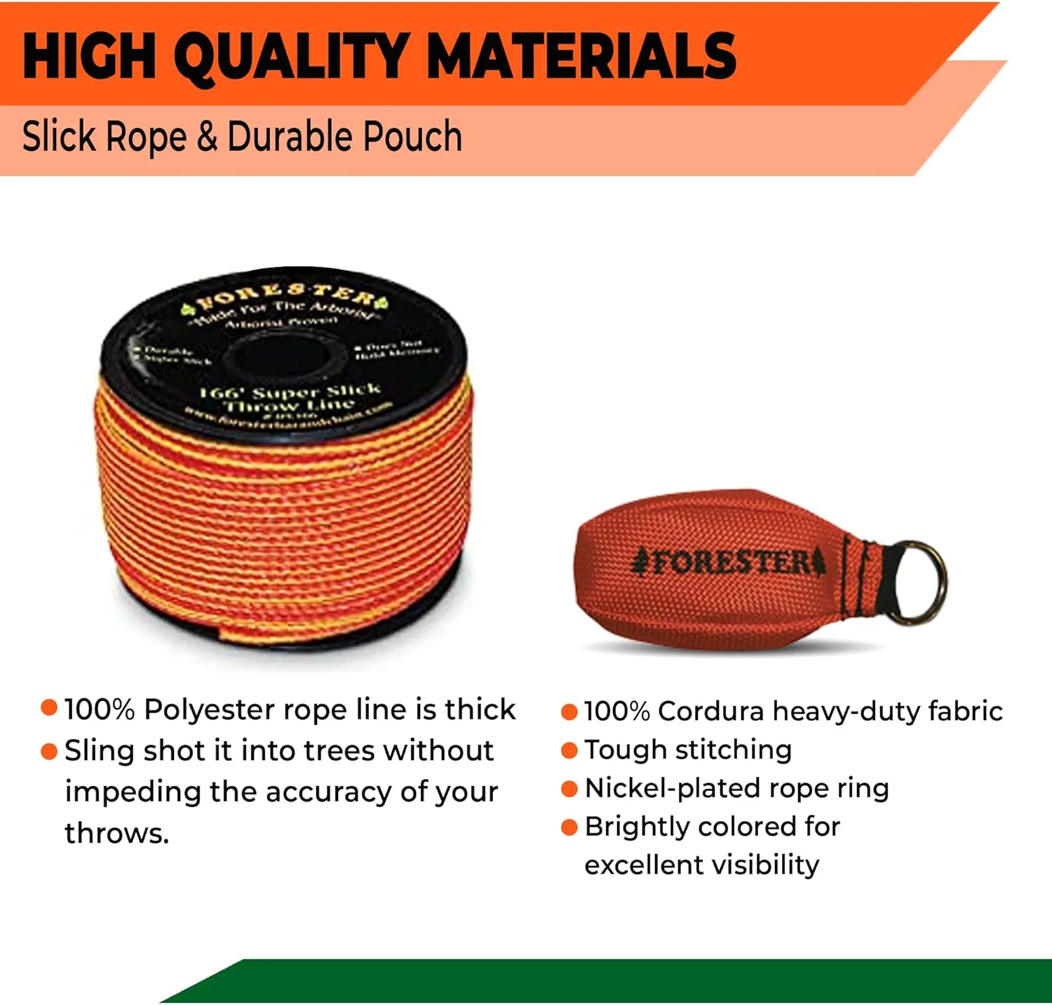FORESTER Arborist Throw Line Kit - Ultra Slick 100% Polyester Rope with Weighted Throw Bag | Forestry Tree Gear for Low and High Limb Throwing | 3/16 Inch Thick Rope
