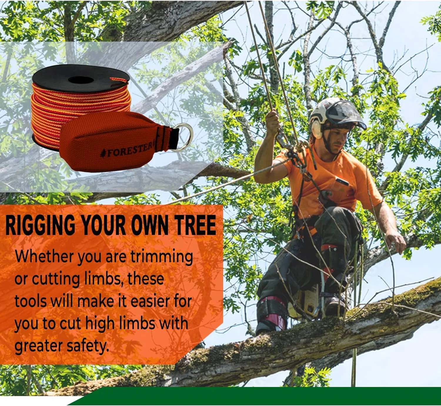 FORESTER Arborist Throw Line Kit - Ultra Slick 100% Polyester Rope with Weighted Throw Bag | Forestry Tree Gear for Low and High Limb Throwing | 3/16 Inch Thick Rope