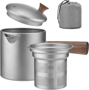 fosa Wood Handle Camping Pot, Camping Kettle Portable Tea Pot with Long Handle, Portable Camping Water Boiler Pot with Fine Mesh Filter for Outdoor Hiking