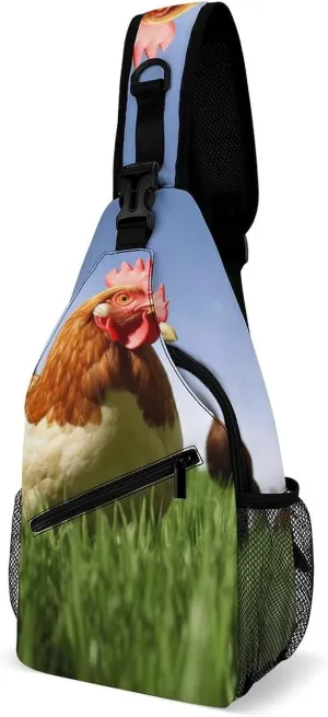 Funny Chicken Grass Sling Bag with Rfid Blocking Causal Mens Crossbody Bag Lightweight Chest Pack Large Man Purse Travel Crossbody Backpack Shoulder Sling Backpack for Hiking Running Cycling