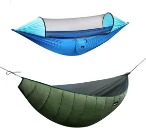 G4Free Large Camping Hammock with Net and Underquilt 2 Person Pop-up Parachute Lightweight Hammocks Warm 4 Season Winter Under Quilt Hammock Bed for Outdoor Backpacking Backyard Hiking