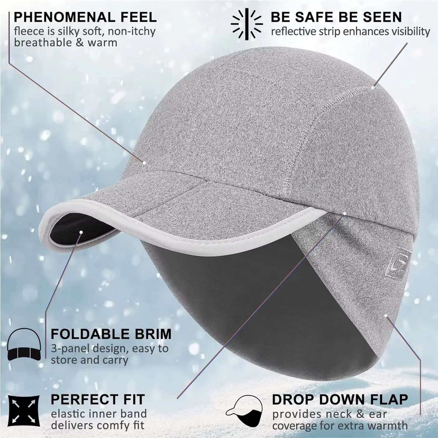 GADIEMKENSD Fleece Ball Cap with Drop Down Ear Warmer, Foldable Brim, Reflective Winter Run Hat Unisex