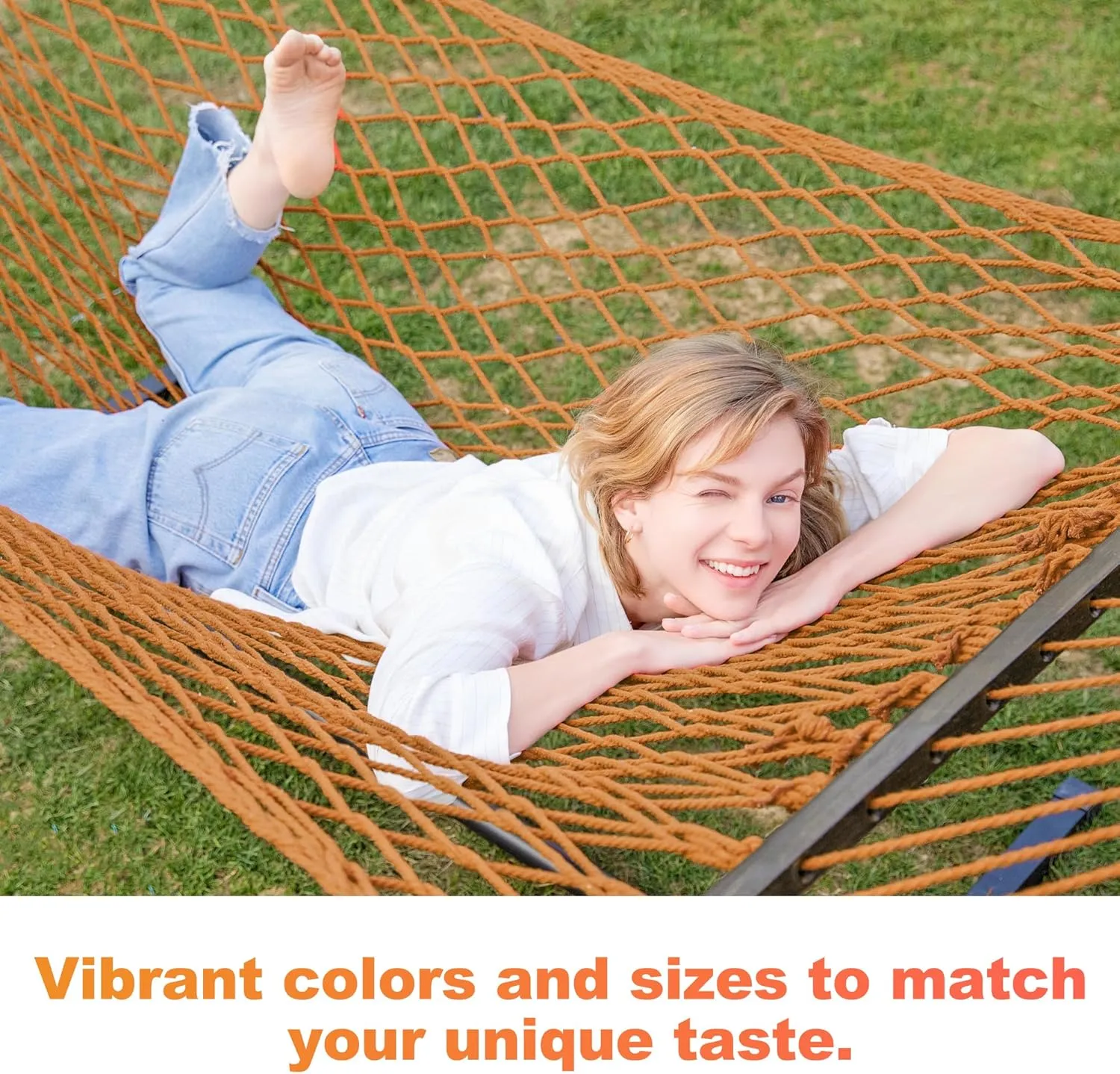 GAFETE12ft Double Hammocks, Handwoven Traditional Cotton Rope Hammock with Hardwood Spreader Bar, Chains and Hooks for Indoor Outdoor, Max 450 lbs Capacity (Desert, Full)