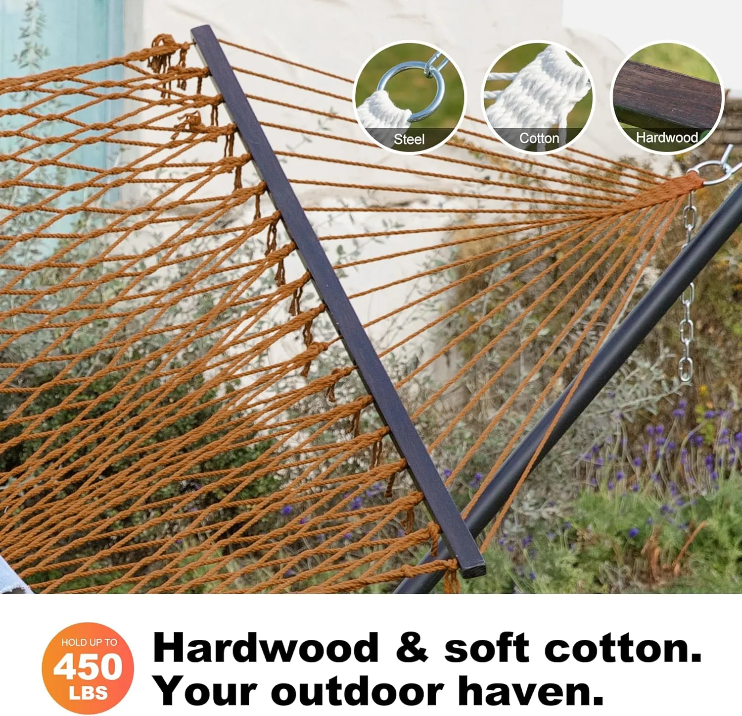 GAFETE12ft Double Hammocks, Handwoven Traditional Cotton Rope Hammock with Hardwood Spreader Bar, Chains and Hooks for Indoor Outdoor, Max 450 lbs Capacity (Desert, Full)