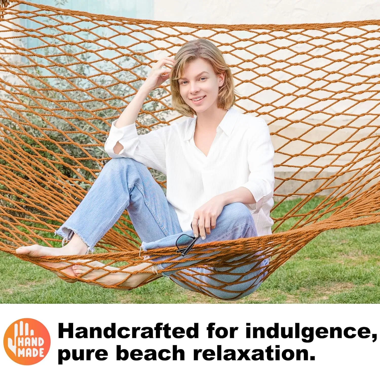 GAFETE12ft Double Hammocks, Handwoven Traditional Cotton Rope Hammock with Hardwood Spreader Bar, Chains and Hooks for Indoor Outdoor, Max 450 lbs Capacity (Desert, Full)