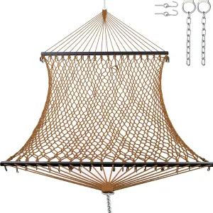 GAFETE12ft Double Hammocks, Handwoven Traditional Cotton Rope Hammock with Hardwood Spreader Bar, Chains and Hooks for Indoor Outdoor, Max 450 lbs Capacity (Desert, Full)