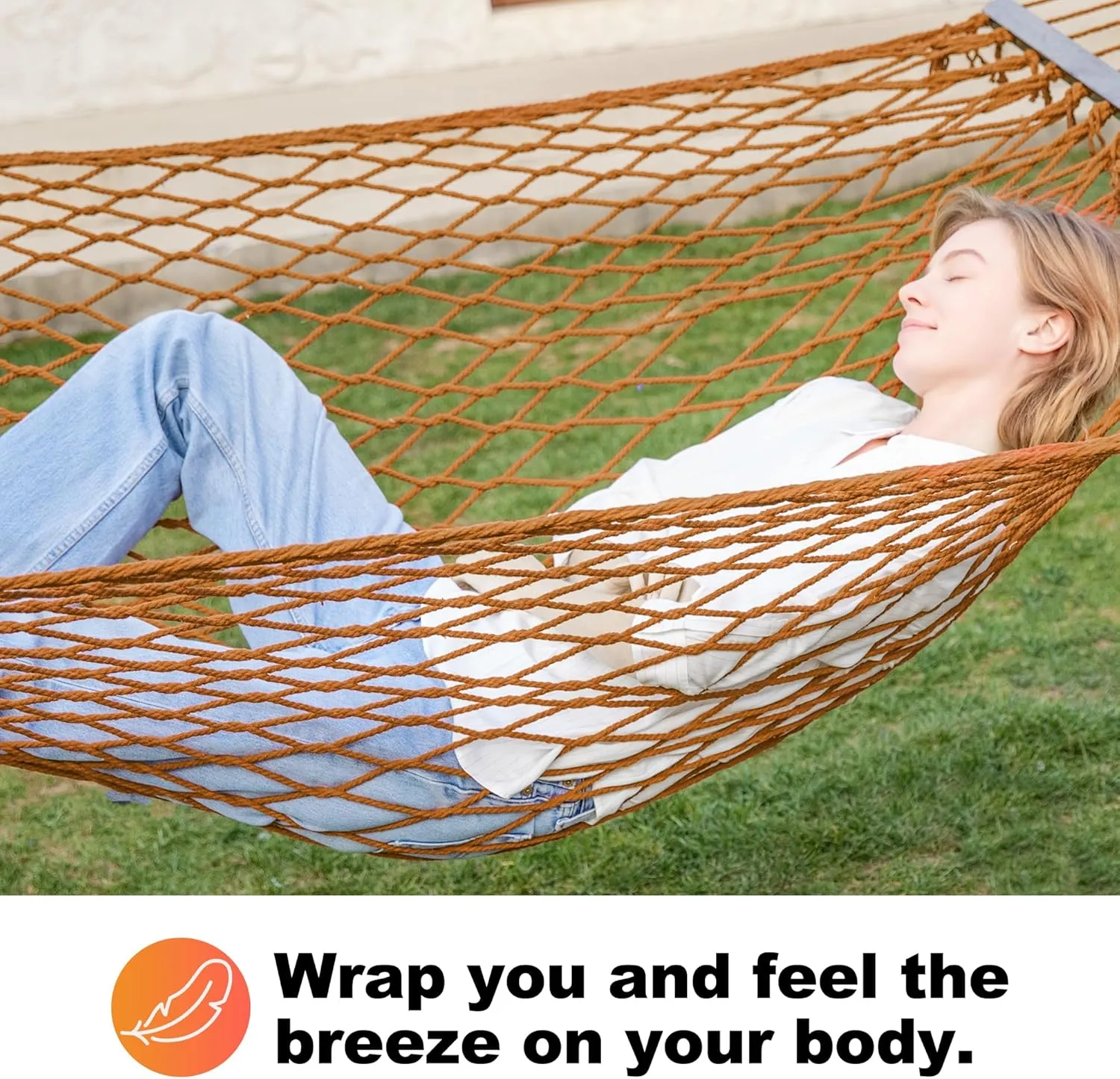 GAFETE12ft Double Hammocks, Handwoven Traditional Cotton Rope Hammock with Hardwood Spreader Bar, Chains and Hooks for Indoor Outdoor, Max 450 lbs Capacity (Desert, Full)