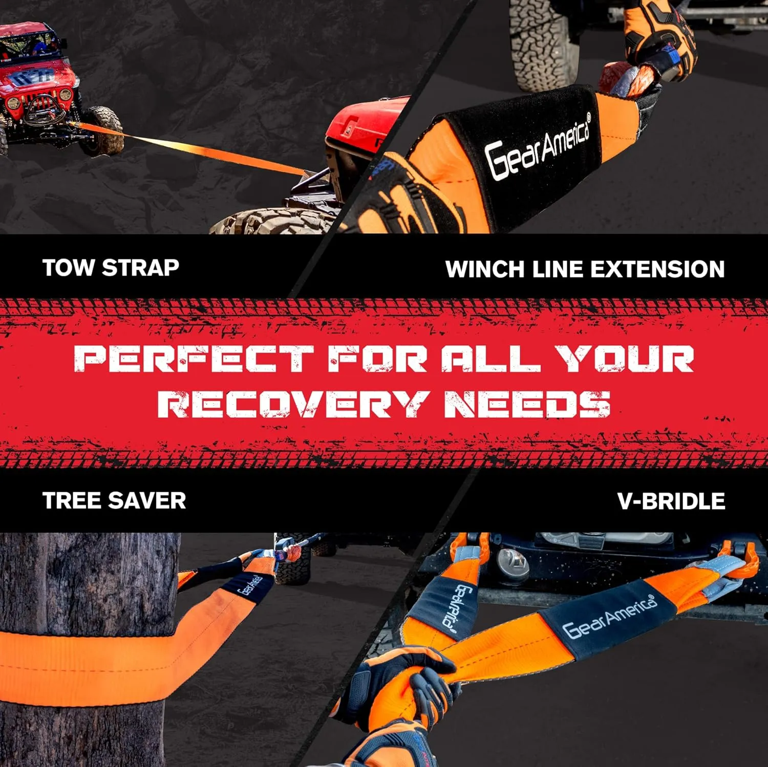 GearAmerica Heavy Duty Tow & Winch Extension 4"x30' - 46,076-lb Recovery Rope for Offroad, Weather Resistant, Triple Reinforced Loops - Truck Accessories - Tow Strap