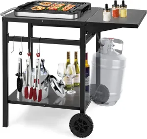 Giantex Outdoor Pizza Oven Stand Grill Cart with Wheels, Foldable Side Table, Gas Tank Hook, 4 Removable Hooks, Double-Shelf Movable Dining Cart Food Prep Worktable Trolley for Outside Kitchen BBQ
