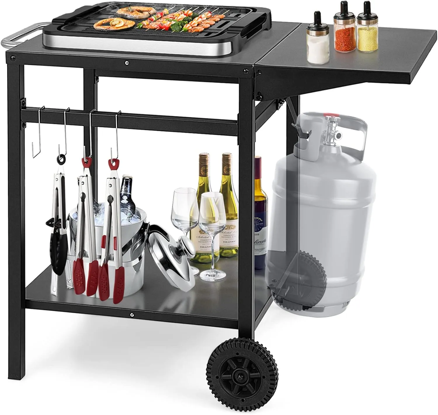 Giantex Outdoor Pizza Oven Stand Grill Cart with Wheels, Foldable Side Table, Gas Tank Hook, 4 Removable Hooks, Double-Shelf Movable Dining Cart Food Prep Worktable Trolley for Outside Kitchen BBQ