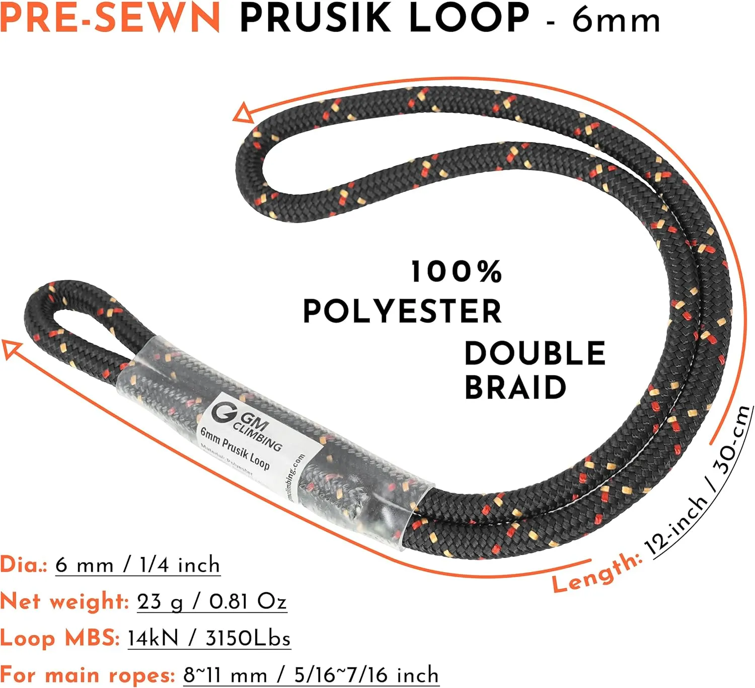 GM CLIMBING 6mm Prusik Cord Pre-Sewn 12in Prusik Loop for Climbing Arborist Rescue Mountaineering General Outdoor Use