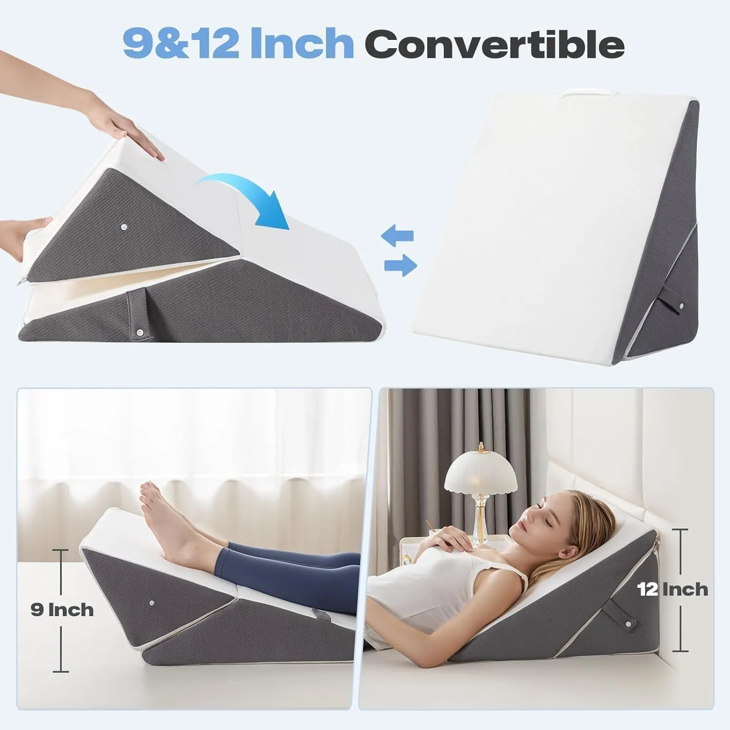 GOHOME Wedge Pillow for Headboard, 12 Inch Adjustable Memory Foam Bed Wedge Pillow for Sleeping, Acid Reflux, After Surgery, Snoring, Neck Pain and Back Pain, White and Grey