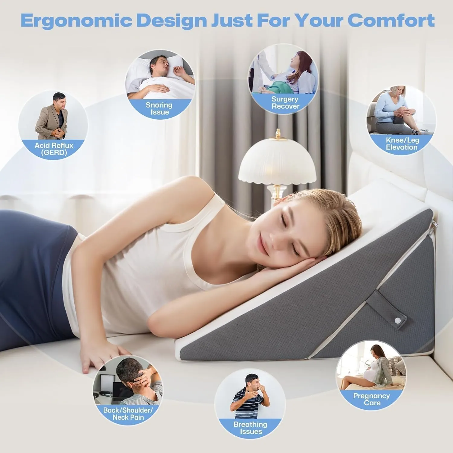 GOHOME Wedge Pillow for Headboard, 12 Inch Adjustable Memory Foam Bed Wedge Pillow for Sleeping, Acid Reflux, After Surgery, Snoring, Neck Pain and Back Pain, White and Grey