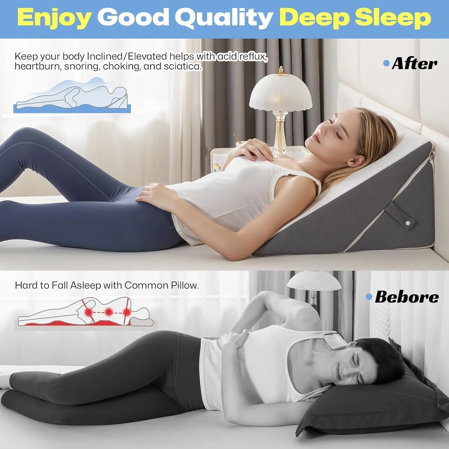 GOHOME Wedge Pillow for Headboard, 12 Inch Adjustable Memory Foam Bed Wedge Pillow for Sleeping, Acid Reflux, After Surgery, Snoring, Neck Pain and Back Pain, White and Grey