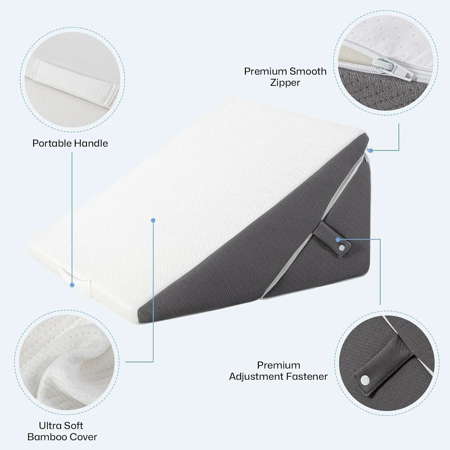 GOHOME Wedge Pillow for Headboard, 12 Inch Adjustable Memory Foam Bed Wedge Pillow for Sleeping, Acid Reflux, After Surgery, Snoring, Neck Pain and Back Pain, White and Grey