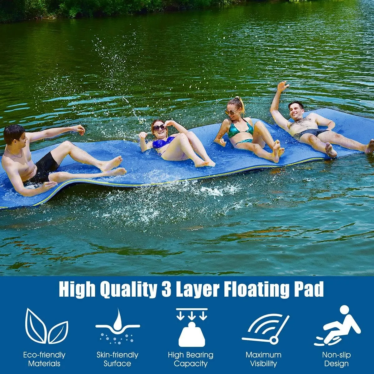 Goplus 12' x 6’ Floating Water Pad, 3-Layer Tear-Resistant XPE Foam Mat, with Mooring Device and Hook-Loop Straps Roll-Up Floating Island for 4-6 Person on Pool Lake River