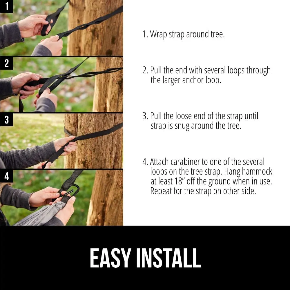 GORILLA GRIP Durable Portable Camping Hammock, Holds 400lbs with Heavy Duty Tree Straps, Comfortable Travel Swing, Camp Hammocks, Easy to Use and Install, Outdoor Essentials, Black, 9x4.5 FT