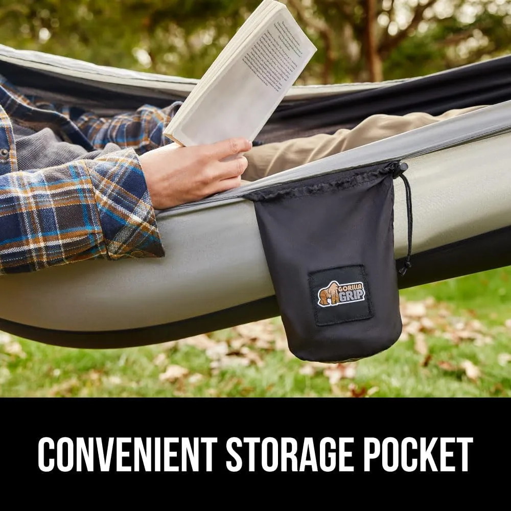 GORILLA GRIP Durable Portable Camping Hammock, Holds 400lbs with Heavy Duty Tree Straps, Comfortable Travel Swing, Camp Hammocks, Easy to Use and Install, Outdoor Essentials, Black, 9x4.5 FT