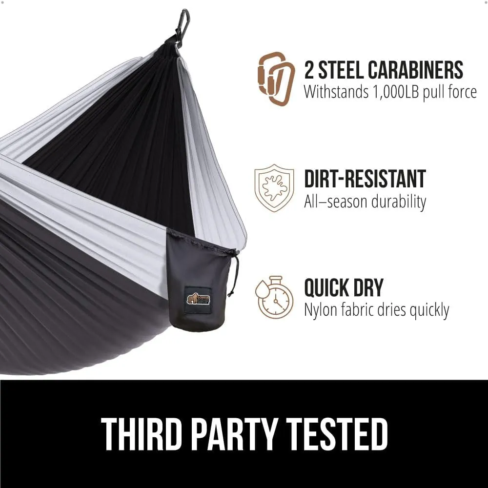 GORILLA GRIP Durable Portable Camping Hammock, Holds 400lbs with Heavy Duty Tree Straps, Comfortable Travel Swing, Camp Hammocks, Easy to Use and Install, Outdoor Essentials, Black, 9x4.5 FT